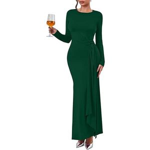 Sulozom Women's 2025 Fall Long Sleeve Bodycon Dress Crewneck Party Cocktail Wedding Guest Long Maxi Dresses, Green, Small