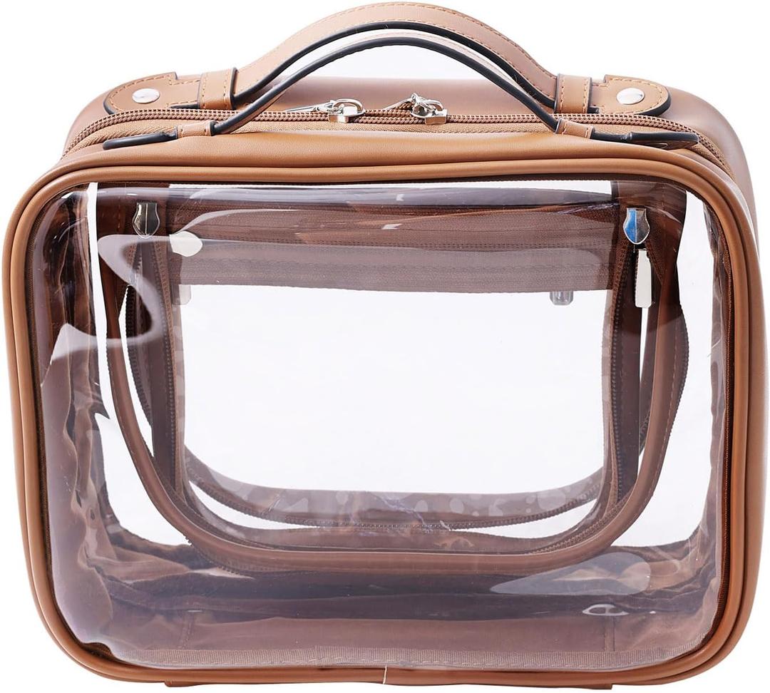 SANHECUN traveling toiletry case clear cosmetics case makeup bag Dimensions | LxWxH:10 x 4.5 x 7.5(Brown, Medium)