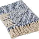 DII Modern Zig Zag Throw Blanket Woven Cotton, Hand-Knotted 2.5" Fringe, 50x60, French Blue