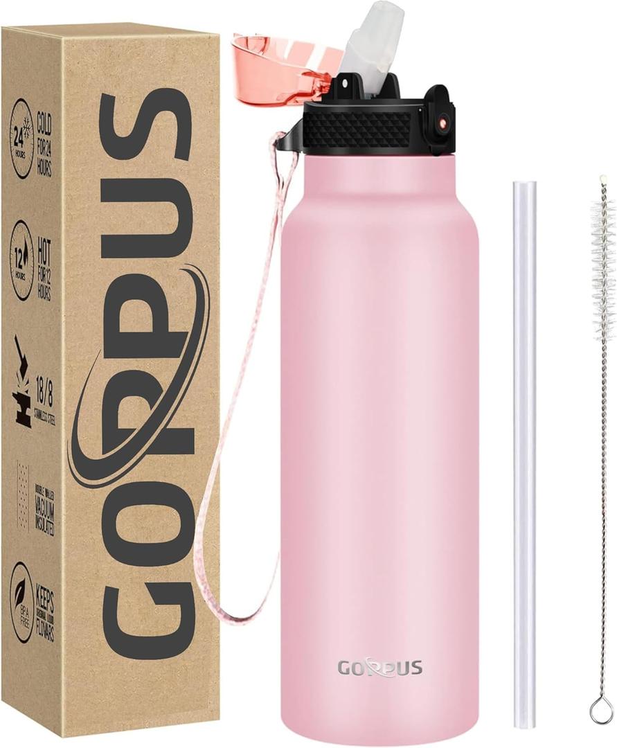 GOPPUS 24 oz Insulated Double Wall Vacuum Water Bottle With Straw Stainless Steel Sports Water Cup Leakproof Wide Mouth Resusable Water bottles for Kids Men Women Pink-1 Lid (24 Ounces)