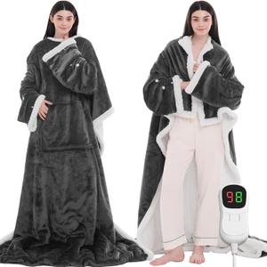 Heated Electric Blanket Wearable Throw - Heated Wearable Robe with Sleeves and Foot Pockets - Heating Blanket with 10-Level Heating Auto-Off Flannel Heated Hoodie for Adults (50''x75'', Grey)