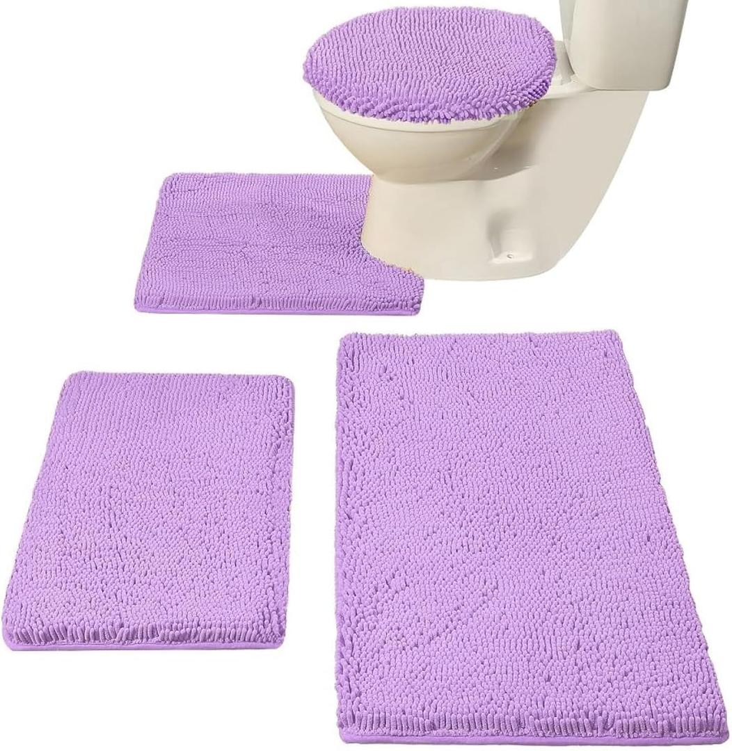 Madeals Chenille Bath Rug Set with Toilet Lid Cover and U-Shaped Toilet Floor Rug - Lavender (20"x 32"/16"x 24"/Contour/Lid Cover)