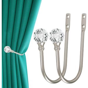 Curtain Holdback, 2pcs Wall Mounted Drapery Tiebacks with Clear Crystal Ball, Heavy Duty Metal Decorative Window Drapery Curtain Holder Curtain Hooks with Screws, Sliver