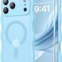 Magnetic for iPhone 17 Pro Max Case, 1X Screen Protector+1X Wrist Strap, Cute Wavy [Compatible with MagSafe][Full Camera Protection] Trendy Matte Women Girly Case for iPhone 17 Pro Max 6.9", Sky Blue
