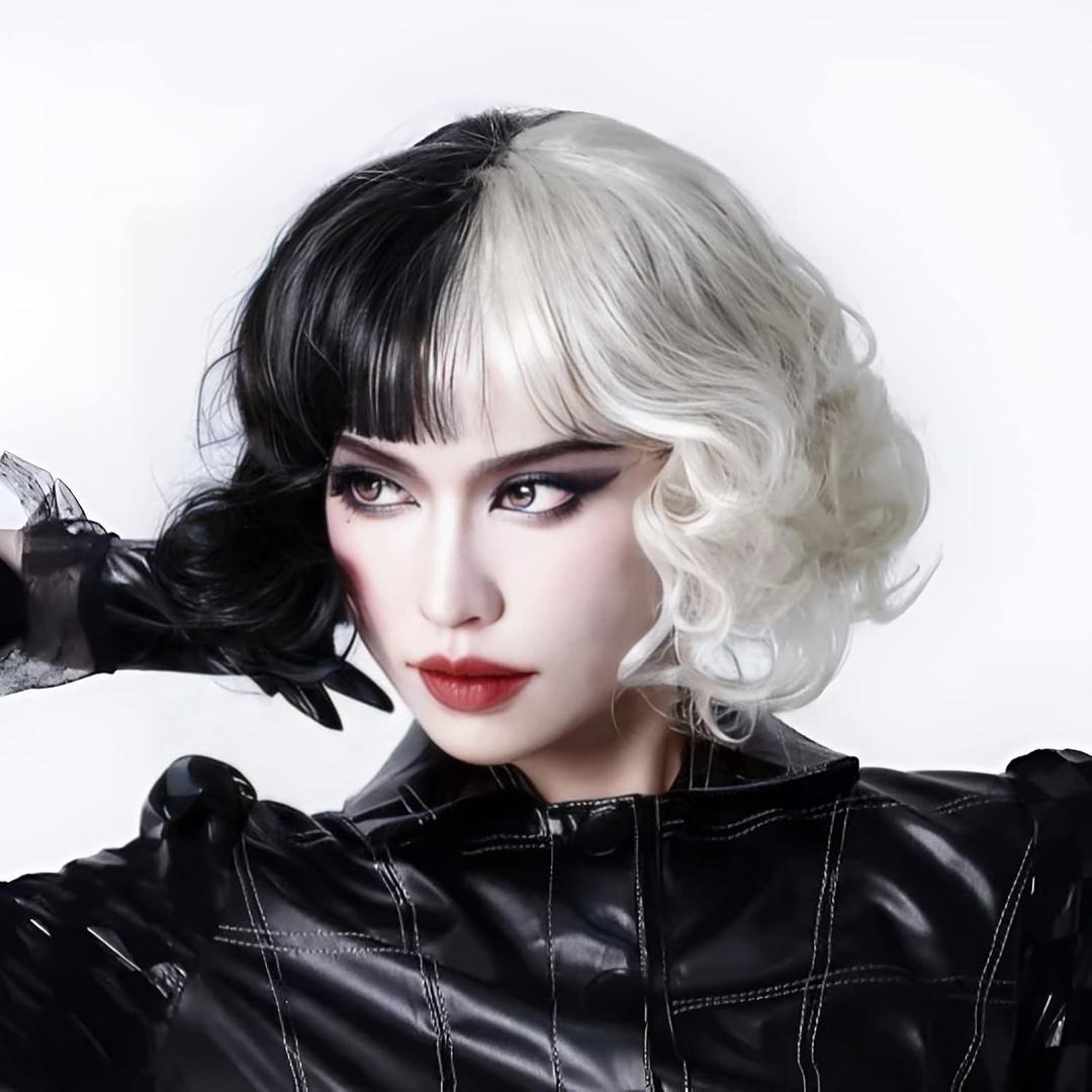 Akkya Black White Bob Wig with Bangs for Cruella Deville Short Wavy Colored Synthetic Hair for Women Party Costume(12inch,Black White)