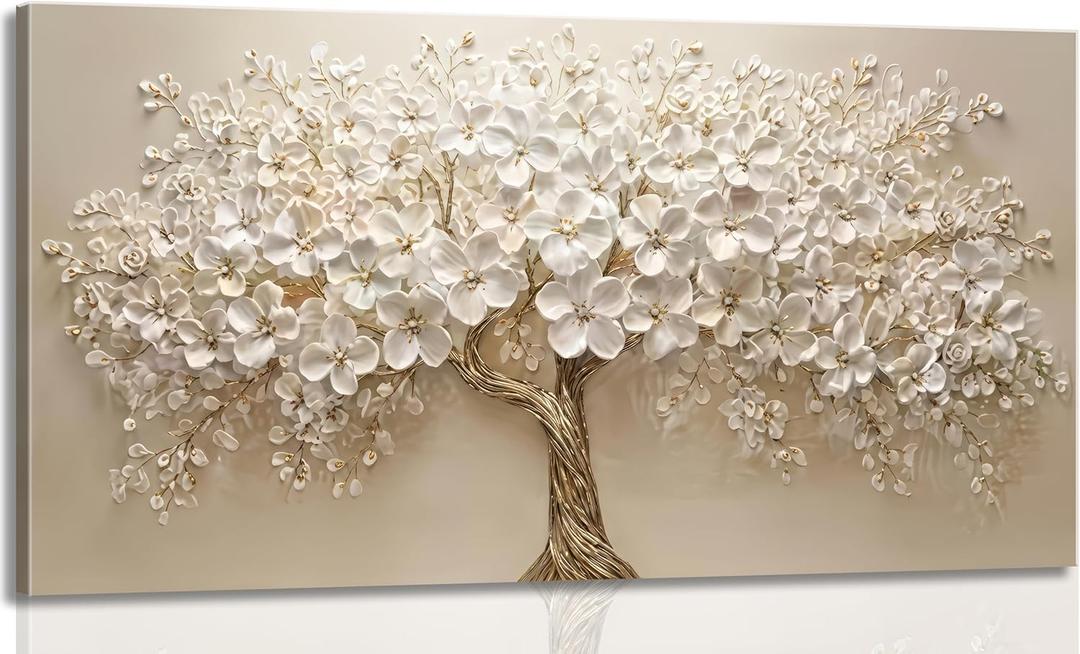 Large Tree of Life Canvas Wall Art Gold and White Big Tree Painting Picture Wall Decor Botanical Floral Poster Print Artwork for Office Living Room Dining Bedroom Home Decoration (48"L x 24"W)