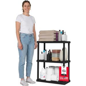 IRIS USA 3-Shelf Light Duty Plastic Storage Shelves, 150lb Capacity, 33" H x 24" W x 12" D, Medium Modular Shelving Unit Storage Organizer for Bathroom, Laundry, Garage & Home, Storage Rack - Black