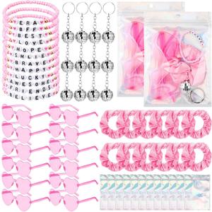 Geiserailie 60 Pcs Kpop Party Favors Popular Singer Supplies Friendship Bracelets Disco Keychain Sunglasses Holographic Scrunchie Set Bags 12 Set Friendship Gifts for Kpop Fans Women(Pink)