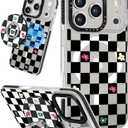 Case for iPhone 17 Pro Max Case Compatible with Magsafe Ring Holder Stand - for Women Plaid Flower Design TPU Phone Cover for Girls Girly Funny Fashion