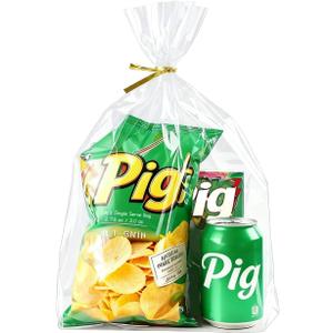 PigPotParty Cellophane Bags 10"x14", 100 Pack Clear Gift Bags, Bottom Gusset for Stand-Up Display, Medium Plastic Cellophane Gift Wrap, Ideal for Large Goodies, Treats, Favors, Mugs, Includes 100 Ties