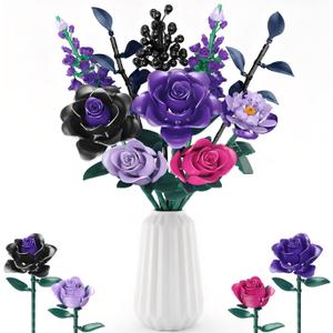 Purple Rose Building Blocks Set for Kids, 701PCS Flower Bouquet Toy, Gothic Style Halloween Decor, DIY Artificial Plant Ornament, Ideal Gifts for Girls Women, Valentine's Day, Birthday, Mother's Day