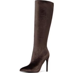 NEWBELLA Women's Suede Knee-High Boots - Sleek Design Stiletto Heel Boots for Daily Wear, Halloween, Christmas, Brown 7.5