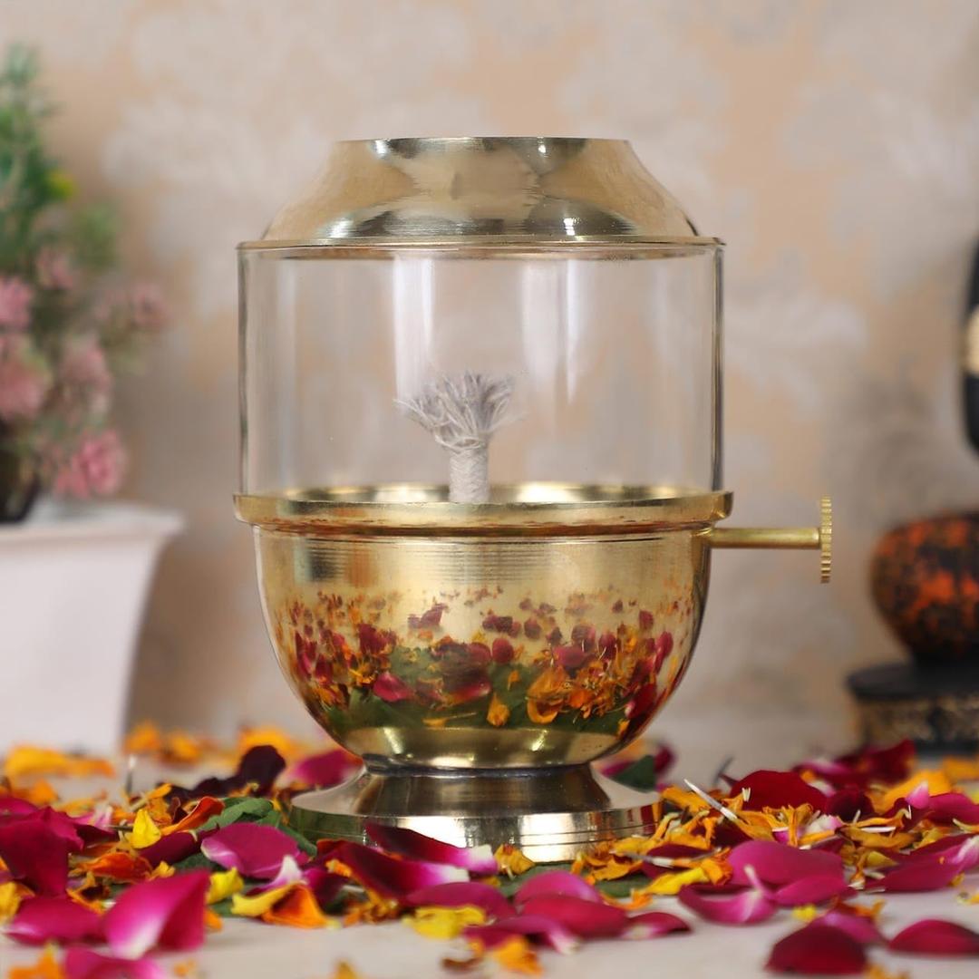 Pure Brass Akhand Jyot Diya with Borosilicate Glass Cover - Medium Size Adjustable Wick Lever 250ml Oil Capacity 48-Hour Burn Time Authentic Oil Lamp for Prayer and Meditation - Gold