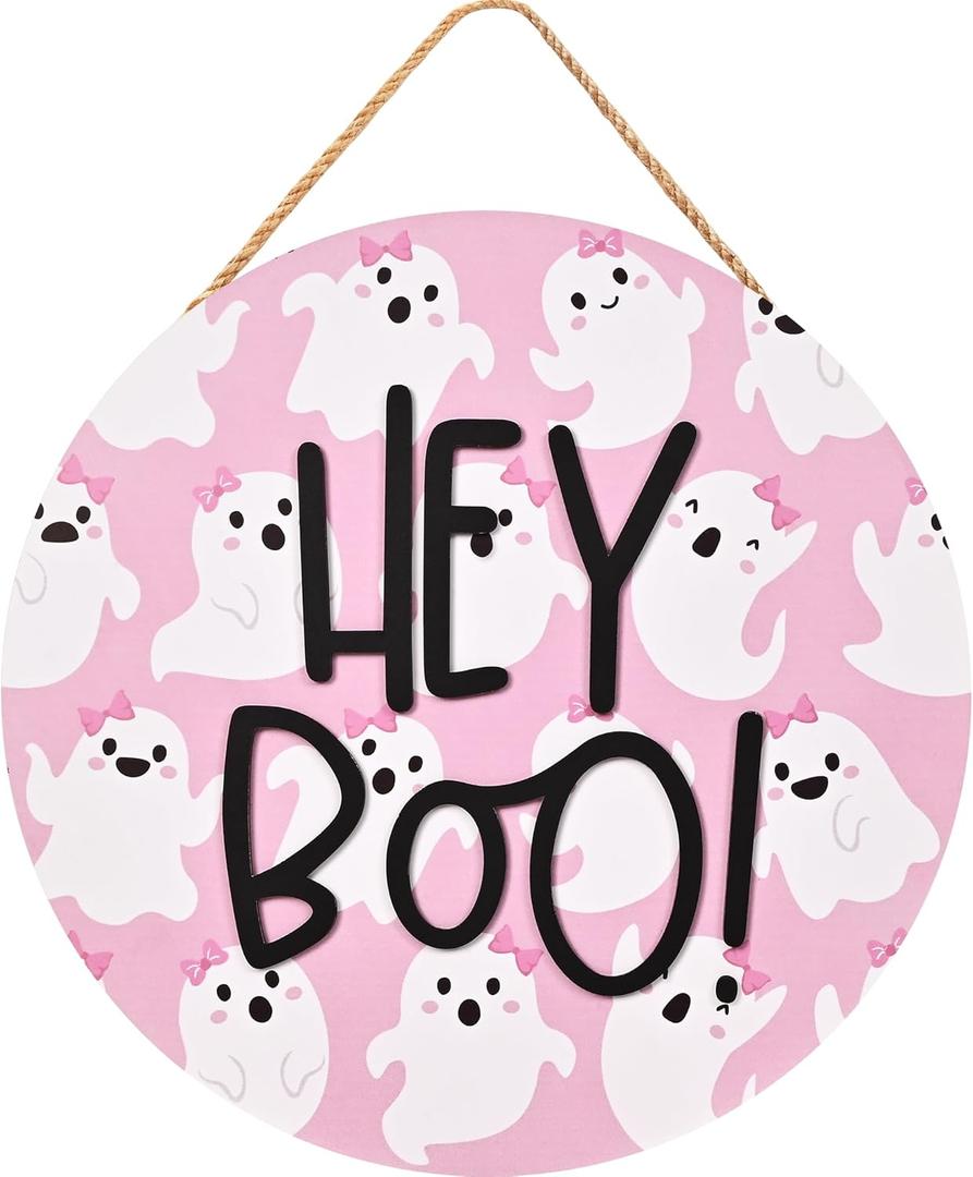 Pink Halloween Hey Boo Door Decor, 3D Pink Ghost Wood Welcome Sign for Front Porch, Halloween Wreath for Little Boo Baby Shower, Playhouse