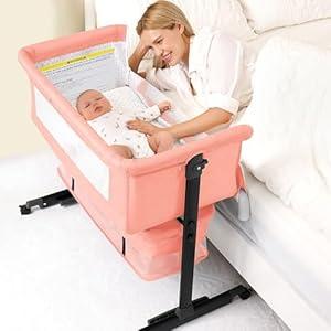 Baby Bassinet, 3 in 1 Bedside Bassinets for Baby, Bassinet Bedside Sleeper with Wheels, Adjustable Height with Rocking Mode, Breathable Mesh, Storage Basket, Easy Assemble & Folding, Dark Gray 