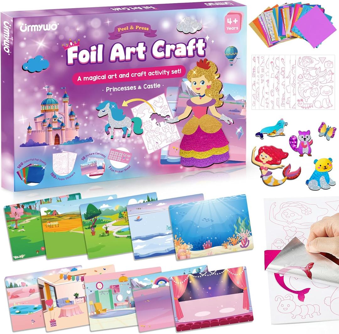 URMYWO Fun Foil Art Craft Supplies Kits, Princess Arts and Crafts for Kids Ages 4-8, No Mess DIY Creative Activity Sticker & Coloring Books, Travel Toys, Gifts for 4 5 6 7 8 9 10 Year Old Girls Boys
