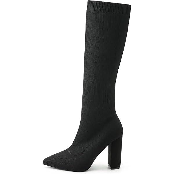 NEWBELLA Women's Winter Knee High Boots, Stretch Knit Material, Chunky Heel, Non-Slip Comfort Style (Black, Adult, Women, 7.5, Numeric, US Footwear Size System, Medium)