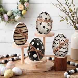 Leinuosen 4 Pcs Easter Table Decoration Wooden Egg Decor Vintage Egg Table Centerpiece with Bow Rustic Eggs Block Signs Farmhouse Easter Decor for Home, Kitchen, Dining Room, Tiered Tray Party Favors