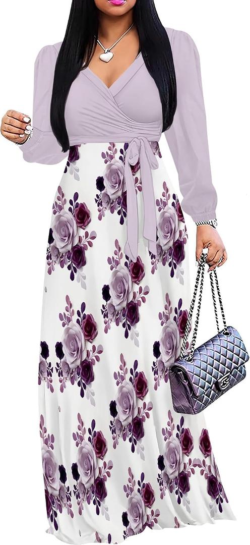 PinkPatty Women's Long Sleeve Maxi Dress Plus Size Trendy Wedding Guest Wrap Dress with Pockets&Belt (Purple, XXXL)