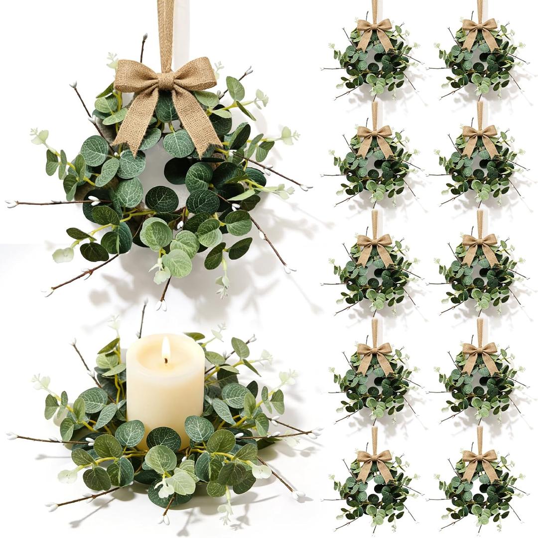 12 Pcs Small Eucalyptus Hanging Wreaths for Cabinets Artificial Greenery Mini Candle Ring Wreath with White Bud Stems and Linen Ribbon for Home Kitchen Front Door Window Wall Wedding Farmhouse Decor