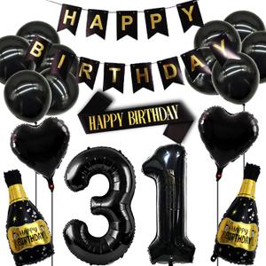 31st Birthday Decoration Set - Black Gold Balloons, Banner, Shoulder Strap & Wine Bottle Balloon