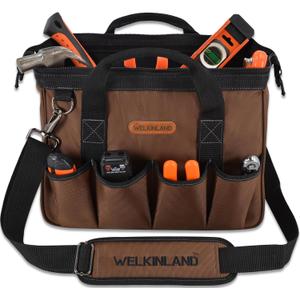 WELKINLAND 17-Pockets Electrician Tool Bag, 14" Portable tool bag, Brown heavy-duty tools bags for men, Mechanics tools bag with shoulder strap