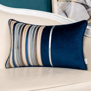 Yangest Navy Blue Striped Patchwork Throw Pillow Cover Gold Leather Cushion Cover Zippered Rectangular Pillowcase for Sofa Couch Bedroom Living Room Home Decoration, 12x20 Inch