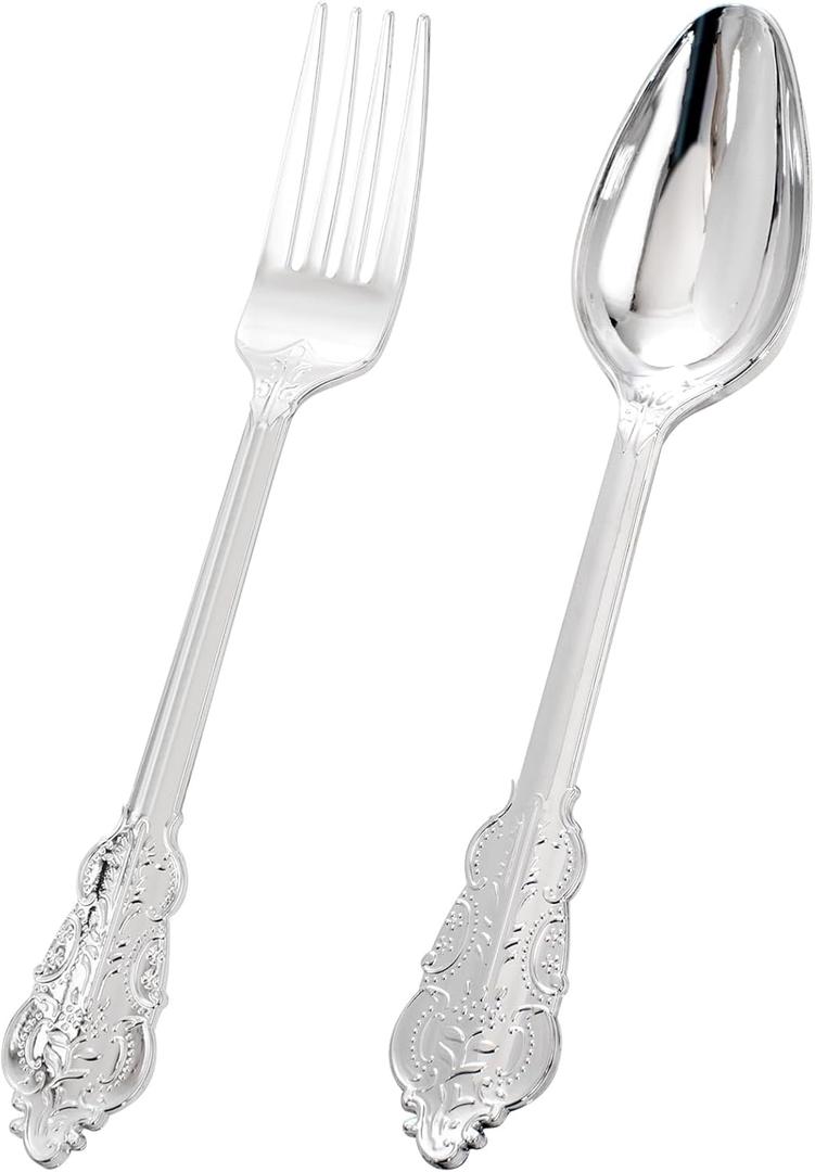 BUCLA 200PCS Silver Plastic Forks and Spoons - Plastic Silverware Baroque - Disposable Silverware Heavy Duty - 100PCS Silver Forks and 100PCS Spoons for Weddings, Christmas and Party