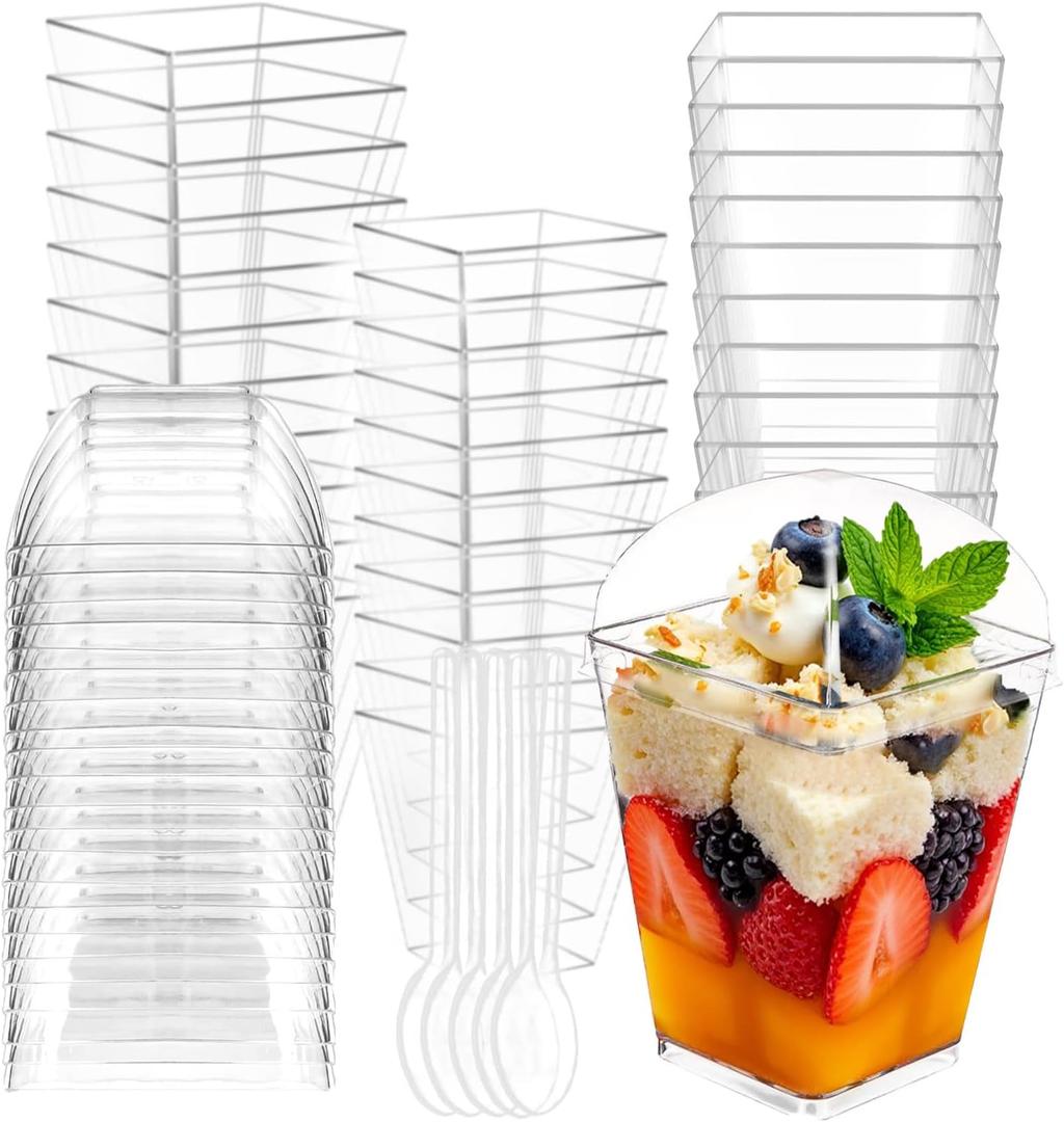 100Pack 5oz Dessert Cups with Lids and Spoons,Plastic Parfait Appetizer Cup,Disposable Plastic Cups, Great for Desserts, Appetizers, Puddings, Mousse