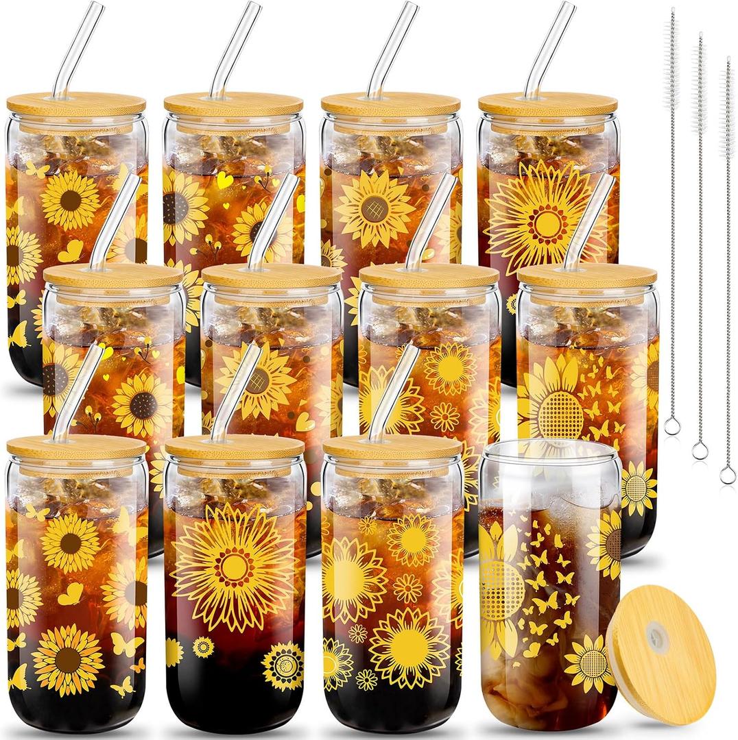 Zubebe Sunflower Glass Cup with Bamboo Lids and Straws 16 oz Iced Coffee Tumblers Sunflower Drinking Cup Daisy Beer Can Inspirational Gifts for Women Mother Teachers Birthday Retirement(Yellow,12 Pcs)
