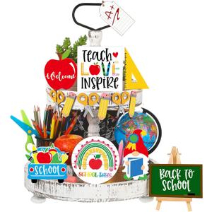 15 Pcs Back to School Tiered Tray Decor Teacher Appreciation Wood Signs Decorative Trays Items Farmhouse Rustic Decorations Wooden Tiered Tray Set for School Home Classroom Desk