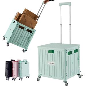 Folding Utility Cart Portable Rolling Crate Handcart Shopping Trolley Collapsible Tool Box, with Lid, Basket on 4 Rotate Wheels, for Grocery, Office, Teacher, Travel Shop Move Luggage (Green)