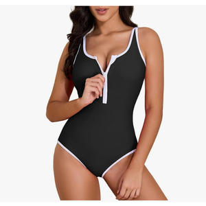 Zando Women's One Piece Swimsuit Athletic Zipper Front Bathing Suits Square Round Neck Low Back Swimwear (XL, Black)
