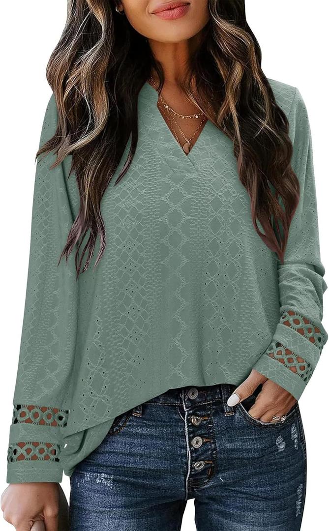 Plus Size Green Blouses for Ladies 2025 Winter Trendy Formal Business Tops Casual Long Sleeve Texture Shirts Fancy Loose Dressy V Neck Tunics Fashion Versatile Knitted Clothing XX-Large