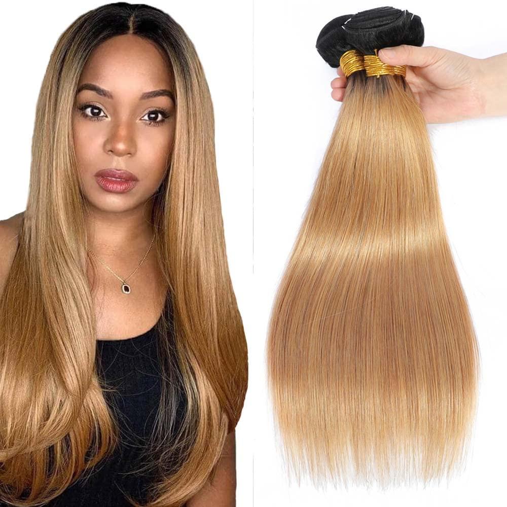 Ombre 1B27 Honey Blonde Human Hair Bundles Straight 30 30 30 inch Black to Honey Blonde Double Weft No Tangle Brazilian Virgin Remy Hair Extensions