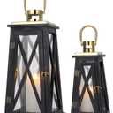 TRIROCKS Set of 2 Farmhouse Wooden Lantern 12''&18'' Metal Decorative Candle Holders with Tempered Glass Rustic Outdoor Lantern for Home Christmas Patio Wedding Parties Indoor Outdoor(Black Trapezoid)