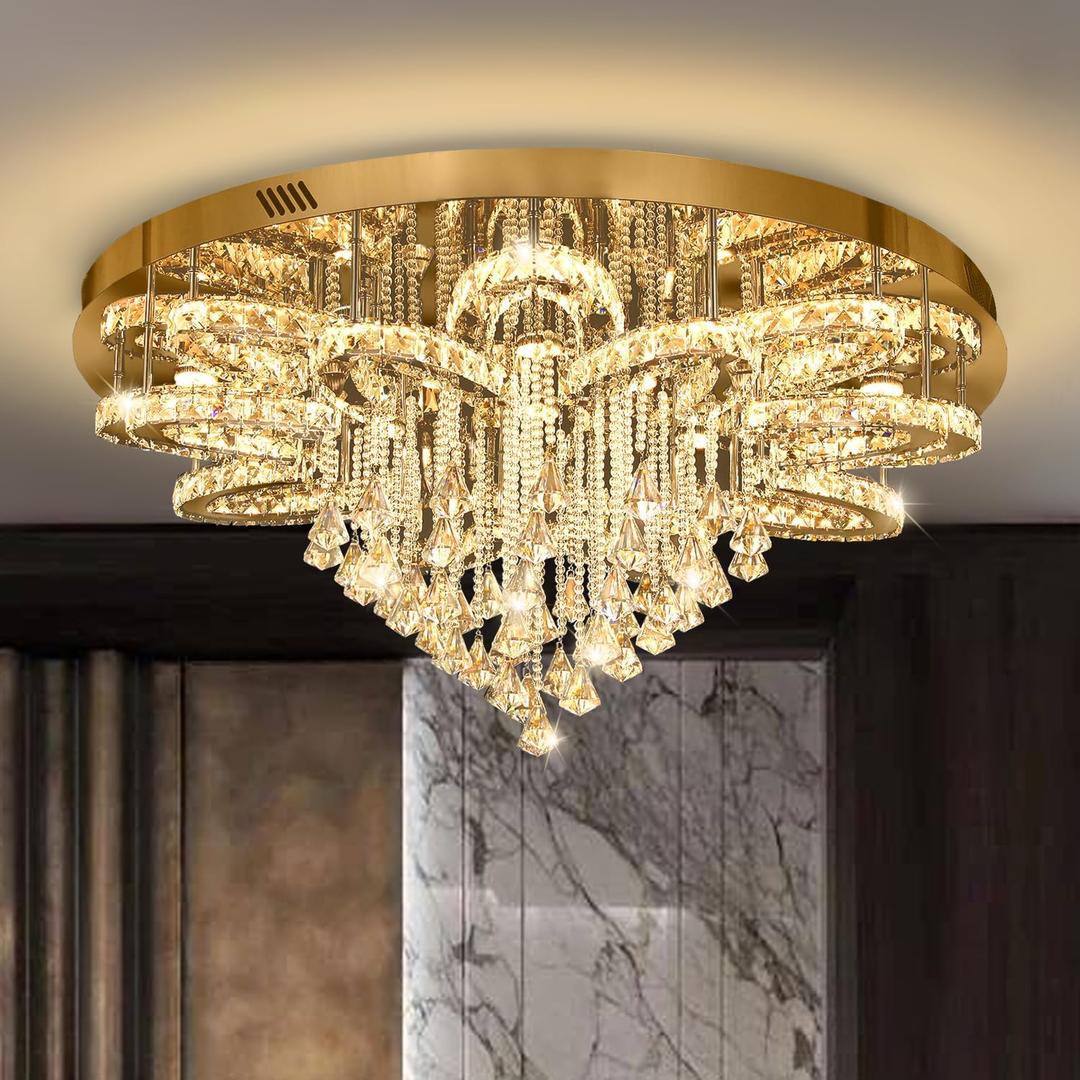Flashing God W40 Modern Crystal Chandelier for Living Room Crystal Flush Mount LED Gold Ceiling Light Fixture for Foyer Dining Room Hallway Dimmable 2700k 4500k 6000k