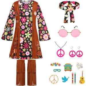 Girls Hippie Costume 60s 70s Outfits Halloween Party Dress Up (8-9 Years, Black)
