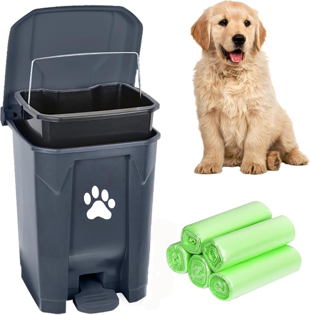 Dog Poop Trash Can for Outdoors, Dog Waste Trash Can for Yard Garden Home with Lid Removable Inner Bin, 100PCS Green Waste Bag, Grey Fully Assembled (15 L, Grey-Green Bag)