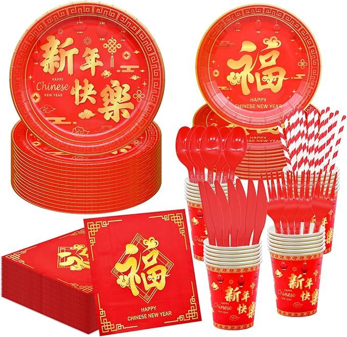 Chinese New Year Tableware,175pcs Chinese New Year Plates and Napkins Cups Tablecloth Banner Honeycomb for Lunar Year Horse Spring Festival