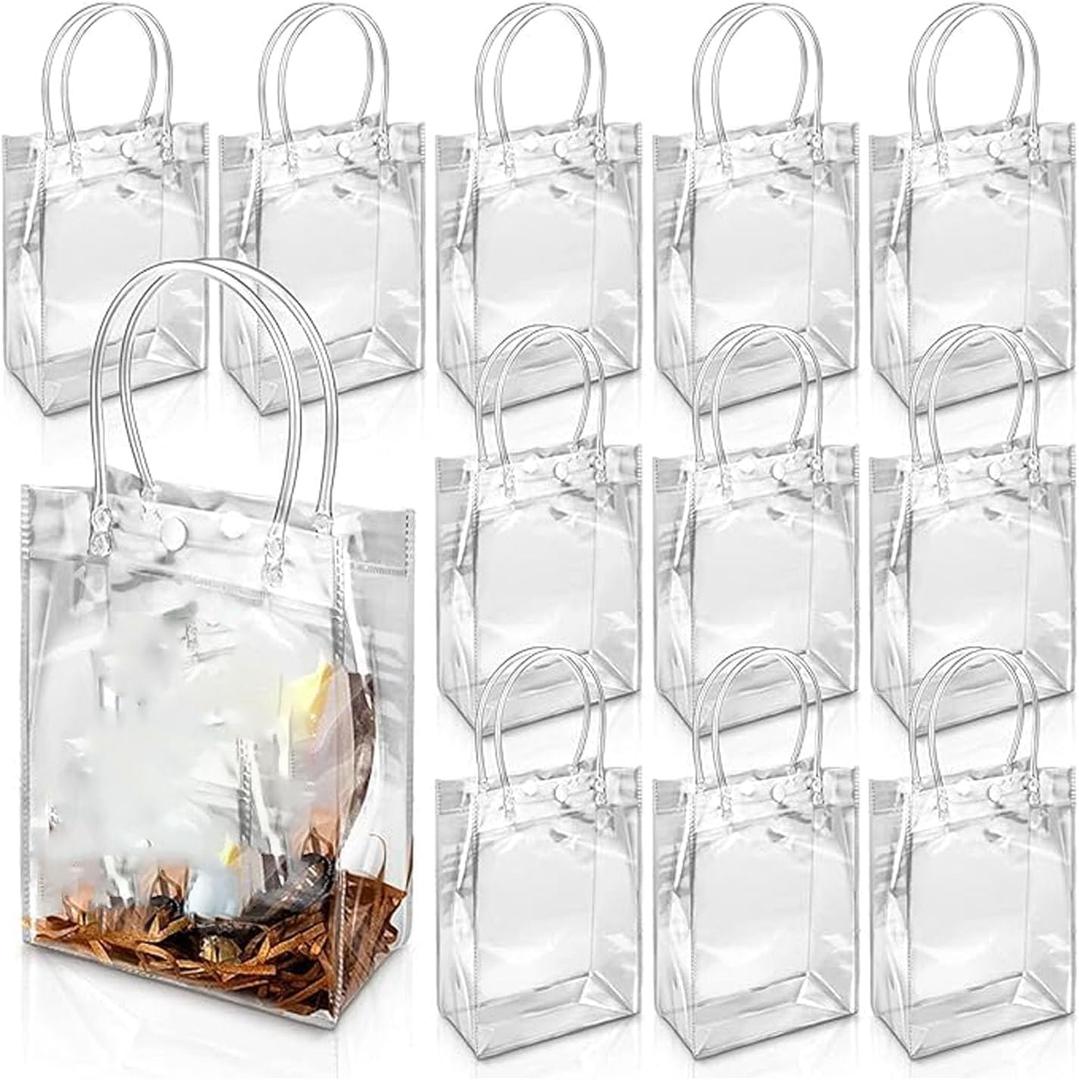 Thsinde 35PCS Clear Plastic Gift Bags Bulk - 5.9x6.3x2.8 Inch Reusable Party Favor Bags with Handles & Ribbon, Transparent Goodie Bags for Weddings, Birthdays, Baby Showers, Christmas