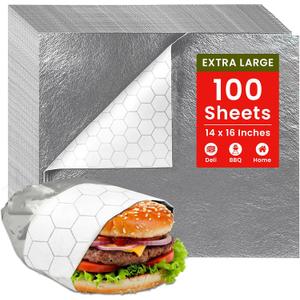 Extra Large - (100 Sheets) - Sandwich Wrapping Paper Sheets With Foil Backing - Burrito Wrappers Sandwich Paper Wrap - Food Wrapping Deli Sheets - 14 x 16 Inches