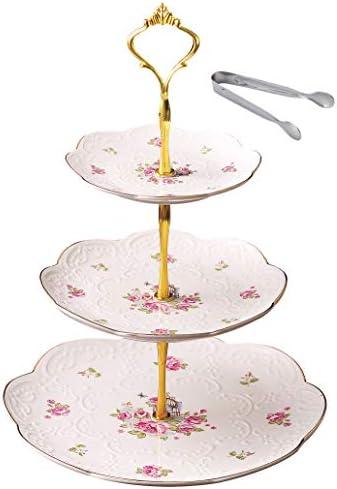 Amazon.com | Jusalpha Elegant Embossed 3-tier Ceramic Cake Stand- Cupcake Stand- Tea Party Pastry Serving Platter in Gift Box and a Free Sugar Tong (FL-Stand 03): Cupcake Stands