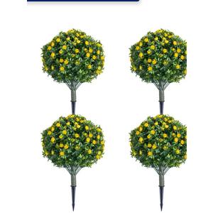 Yunlly 4 Pcs Artificial Flowers Fake Boxwood Topiary Ball Tree 27 Inch Outdoor Faux Bush Balls, Realistic UV Resistance Fake Shrub Plant with Spike for Garden Porch Patio Indoor Decor (Yellow)