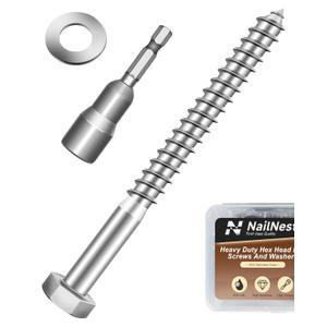 (1Box) 3/8" x 4" Hex Head Lag Screws Bolts with Flat Washers, 8Sets 304 Stainless Steel 18-8 Heavy Duty 3/8 Lag Bolts for Wood with Hex Socket
