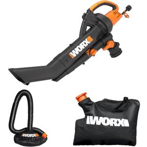 WORX Trivac 3-in-1 Electric Leaf Blower for Lawn Care, Leaf Mulcher/Leaf Vacuum with Bag, 350 CFM & 210 MPH, Leaf Shredder with Metal Impeller, Reusable Bag Included, Corded, WG505.2