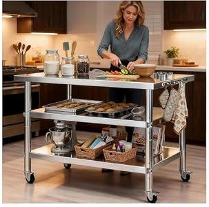 Stainless Steel Prep and Work Table with Wheels, Multi-Size Heavy-Duty Metal Commercial Kitchen Commercial Workbench,Suitable for Restaurants, Homes,Outdoor and Hotels(48" Lx24 Wx34 H)