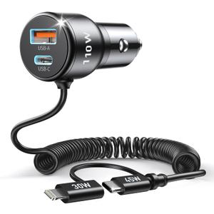110W Car Charger, PD3.0&QC3.0 USB C Car Charger Adapter Fast Charging, Built-in 5ft 45W Type C Coiled Cable and 30W C-Lightning Converter for iPhone, Samsung, Android, iPad