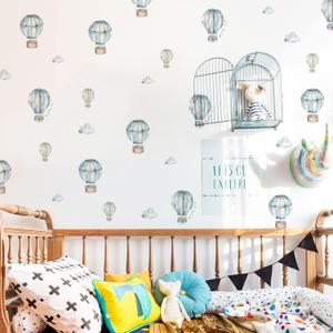 Boy Wall Decals Peel and Stick, Watercolor Blue Hot Air Balloon and Clouds Wall Sticker for Baby Boys Room Kids Room Playroom Gender Neutral Room Nursery Wall Art Stickers Decor