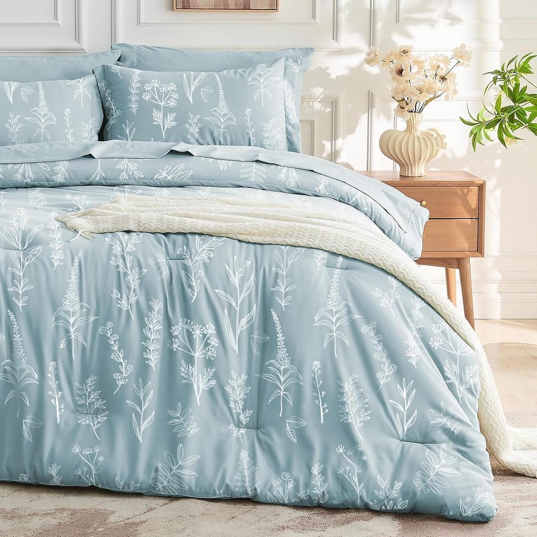 MUXHOMO Mineral Blue Bed in a Bag Queen 7 Pieces, Queen Comforter Set Reversible Botanical Flowers Design, Ultra Soft & Breathable Bedding Sets with Comforter, Sheets, Pillowcases & Shams